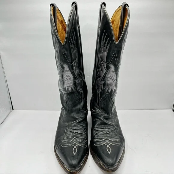 Boulet Men’s Size 9 Black Cowboy Boots Leather Silver Birds with Wings Western